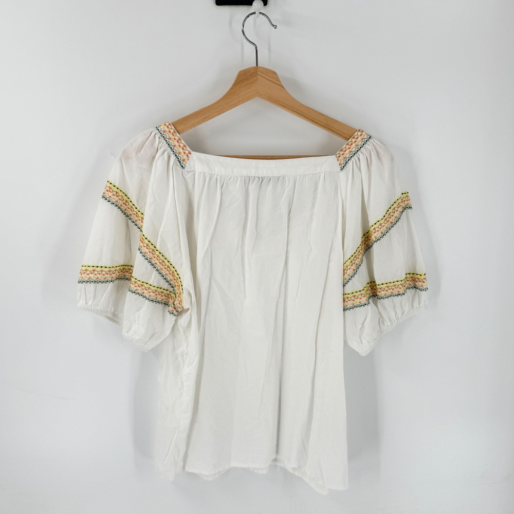 Loft Peasant Blouse White Large Embroidered V-Neck Puff Sleeve Cotton Blend - Picture 2 of 8